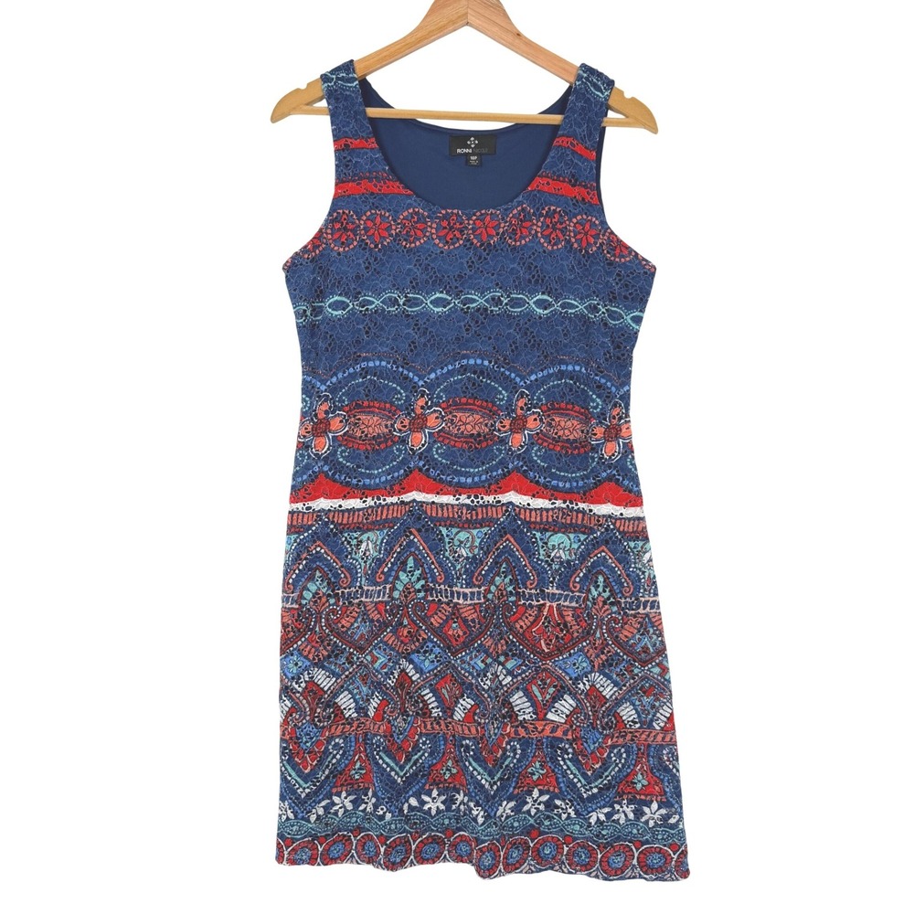 Ronni Nicole Sheath Dress Womens 10P Blue Red Paisley Lace Sleeveless V410244